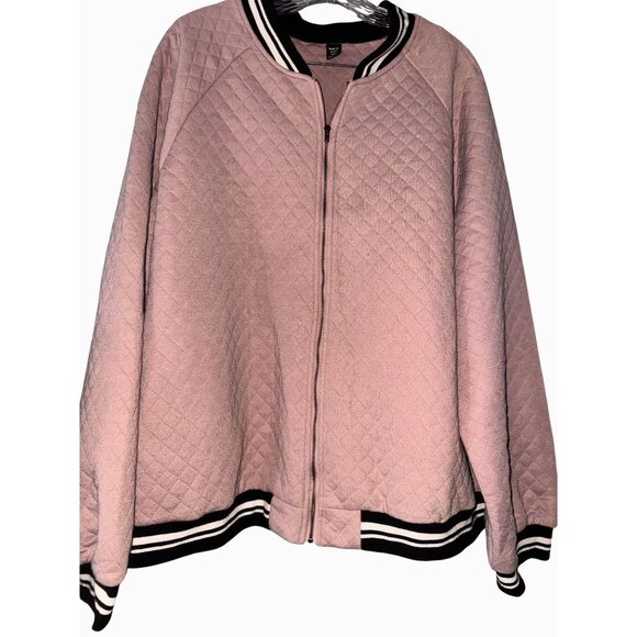 Quilted Light Pink Full-Zip Bomber Jacket With Black & White Striped Trim Shein - Picture 2 of 6